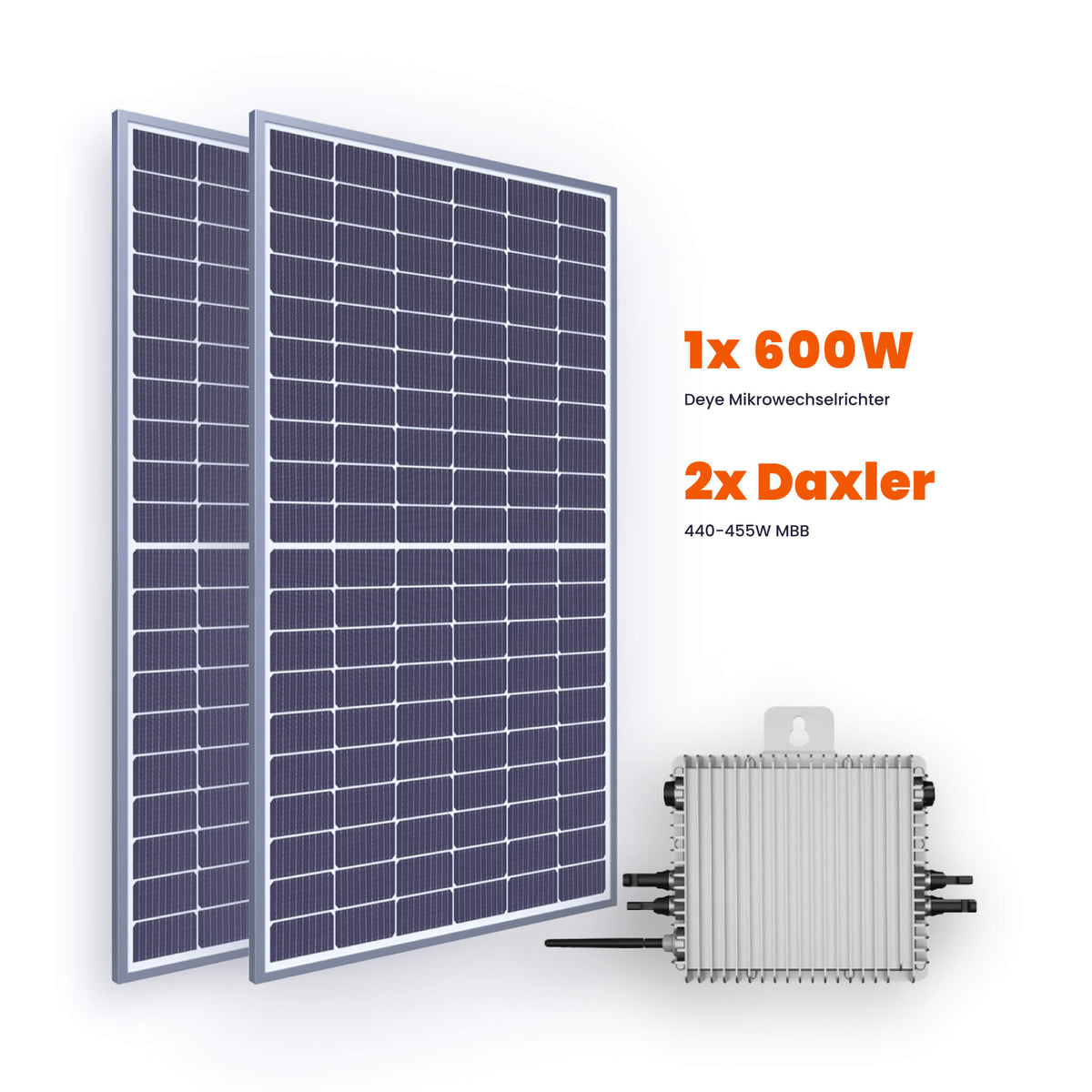 Haupt-Produktbild von Popper Power Balkonkraftwerk. 2 Solar Panel von Daxler Energy und ein Deye Microwechselrichter - 600W