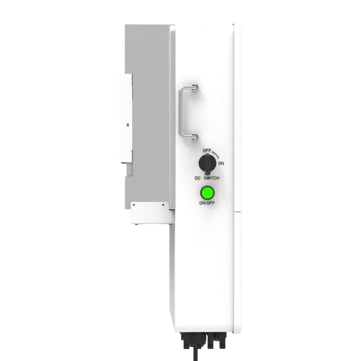 Produktbild Seiten-Ansicht von Dreiphasen-Hochvolt-Wechselrichter DEYE/Popper Power Wallergy. Ein - Ausschaltknopf und DC Switch Knopf